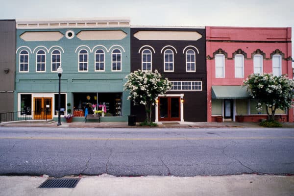 Street view of store buildings