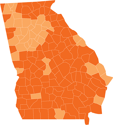 Orange map of Georgia, with lines marking the 159 counties.